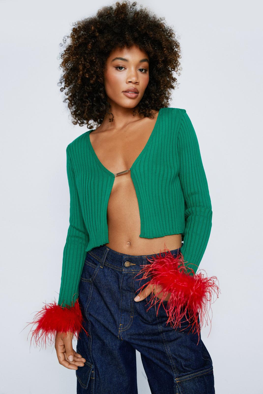 Green Rib Knit Cardigan With Feather Cuffs image number 1