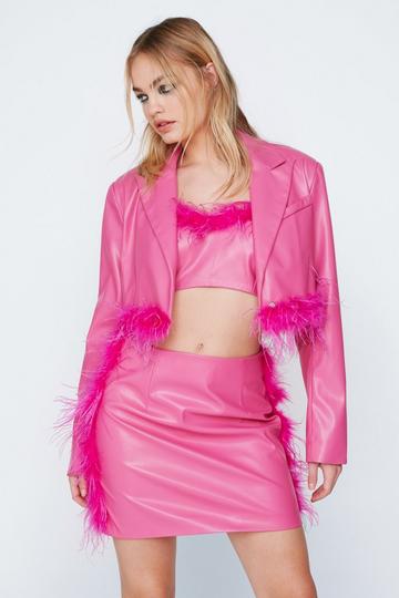 Pink Faux Leather Feather Hem Cropped Blazer