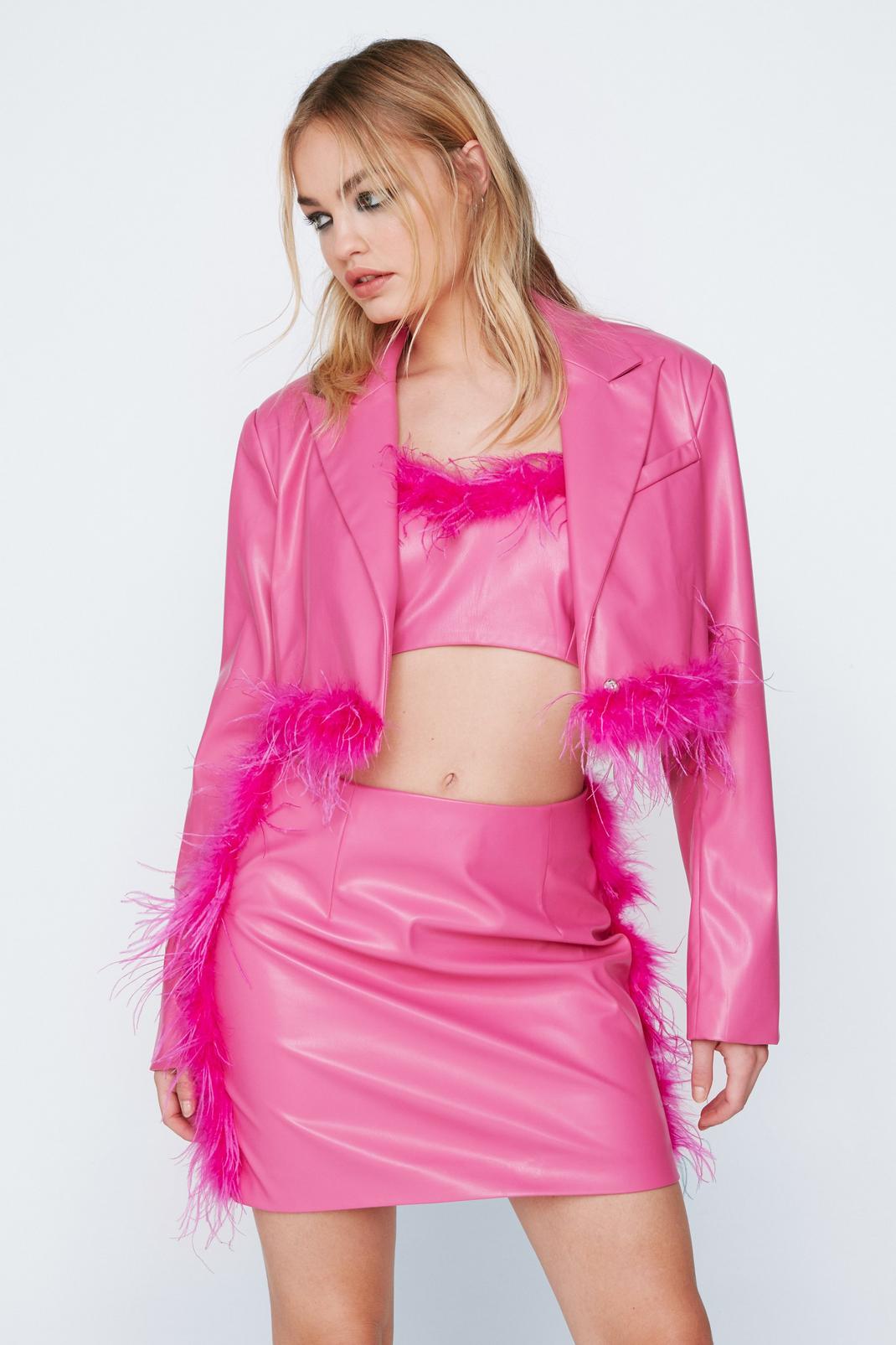 Pink Faux Leather Feather Hem Cropped Blazer image number 1