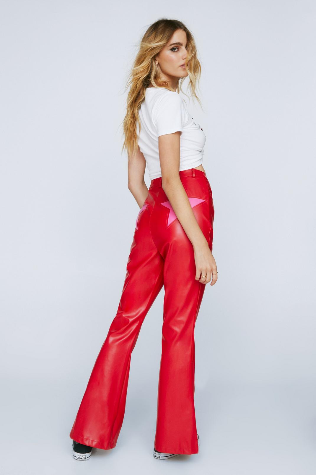 Wine Faux Leather Star Motif Flared Pants image number 1