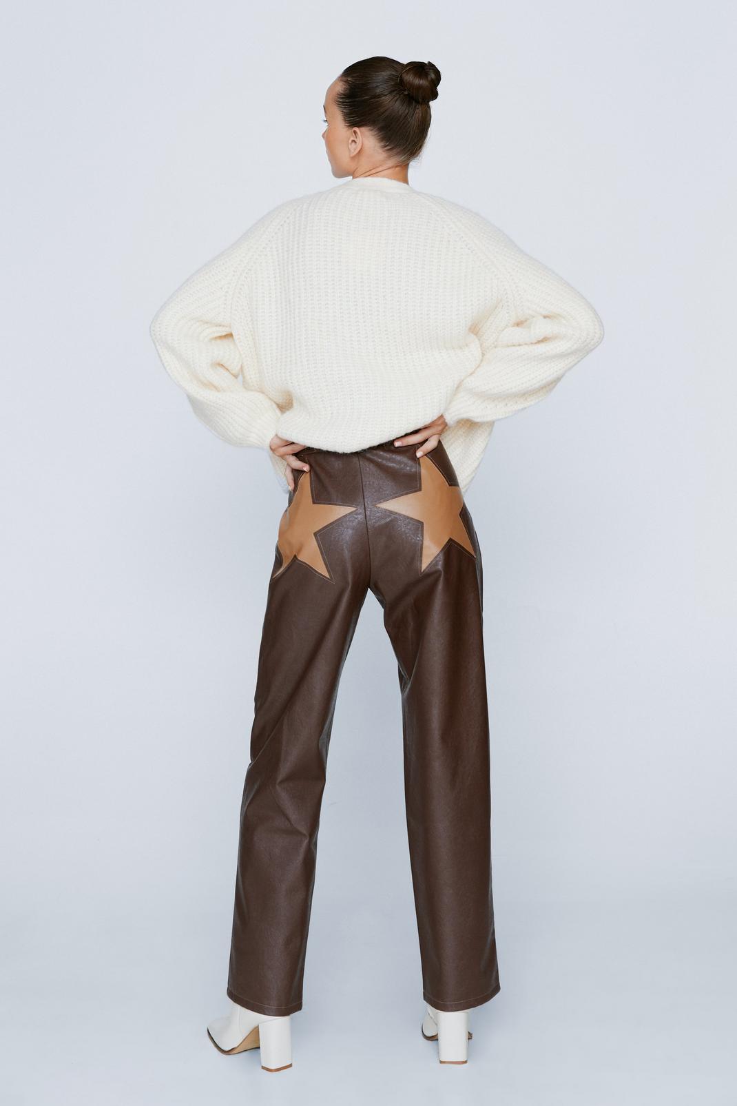 Chocolate Petite Faux Leather Star Motif Tapered Pants image number 1