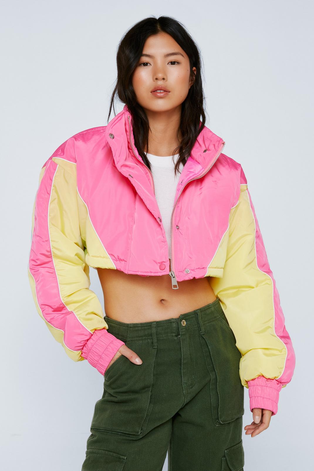 Pink Padded Colour Block Cropped Rain Coat image number 1