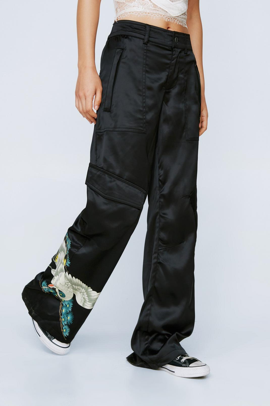 Bird Print Mid Rise Wide Leg Satin Cargo Trousers image number 1