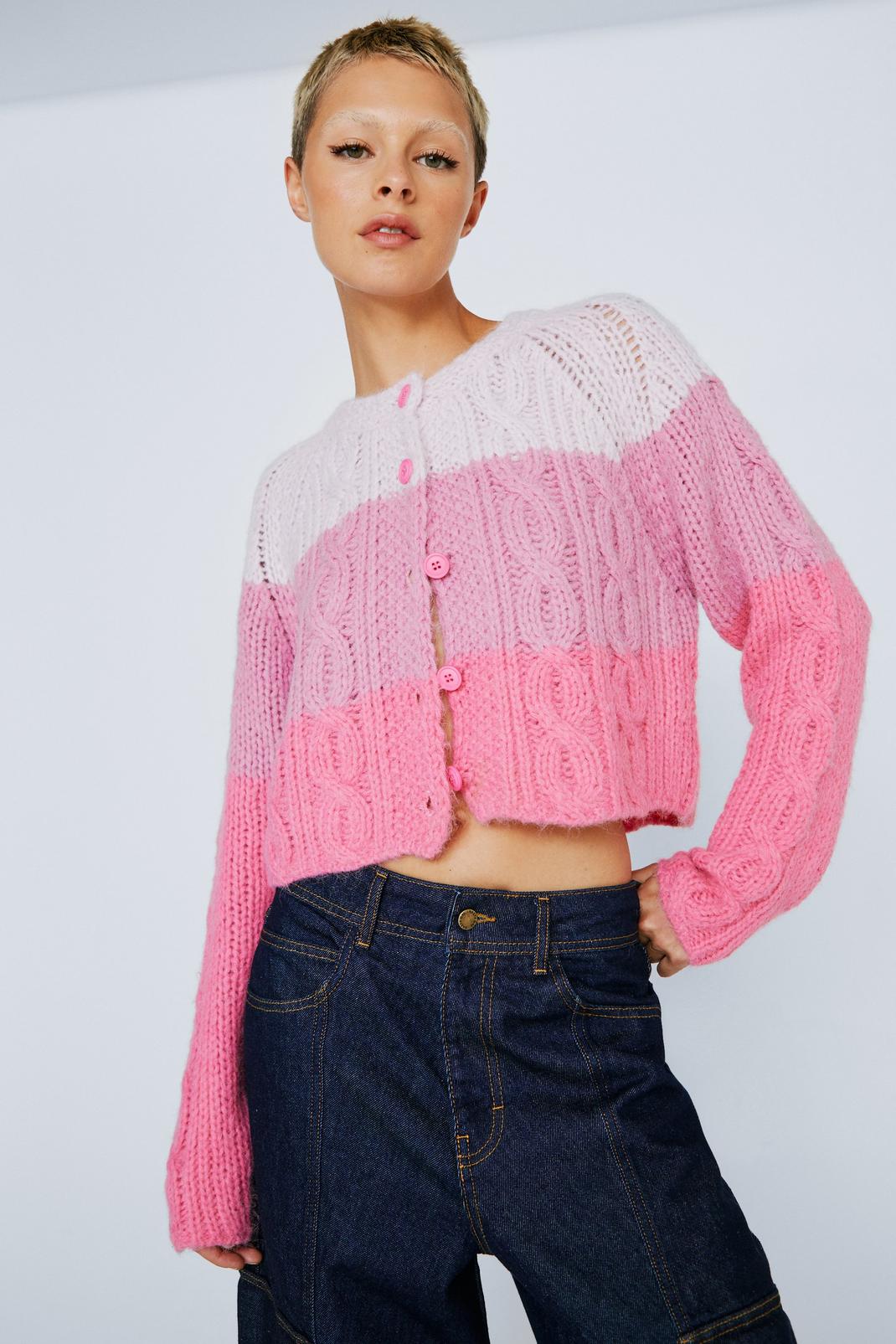 Pink Colorblock Stripe Cable Cardigan image number 1