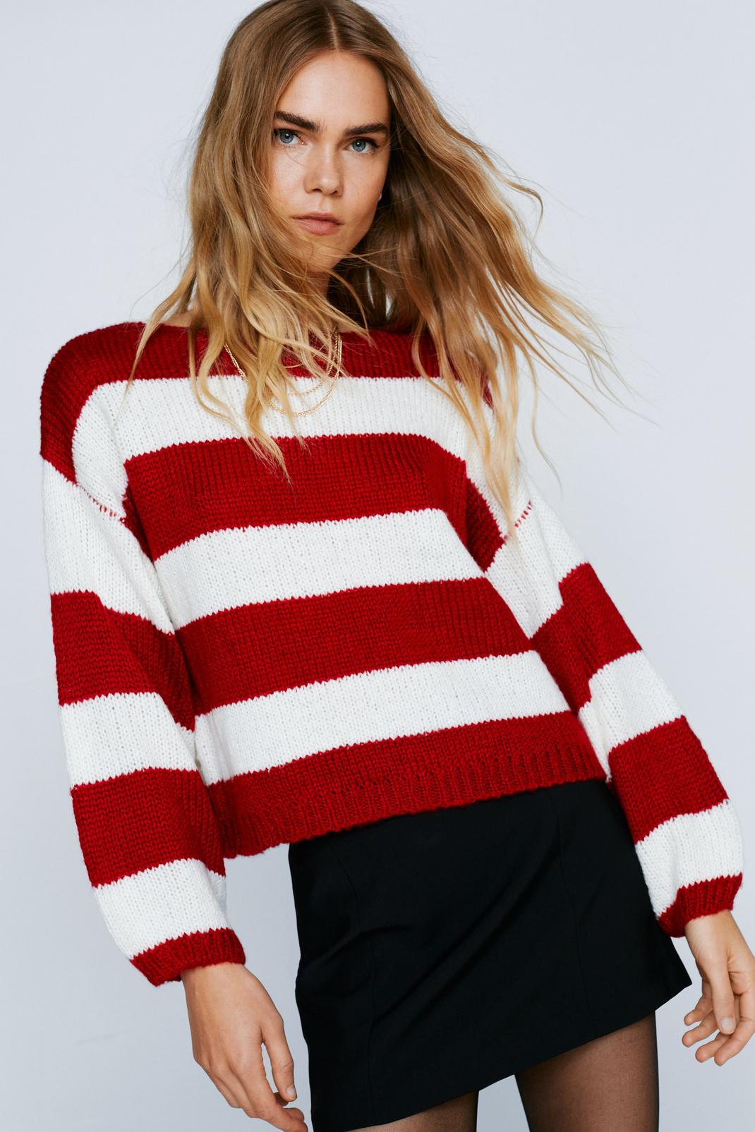 Red Wool Stripe Fluffy Sweater image number 1