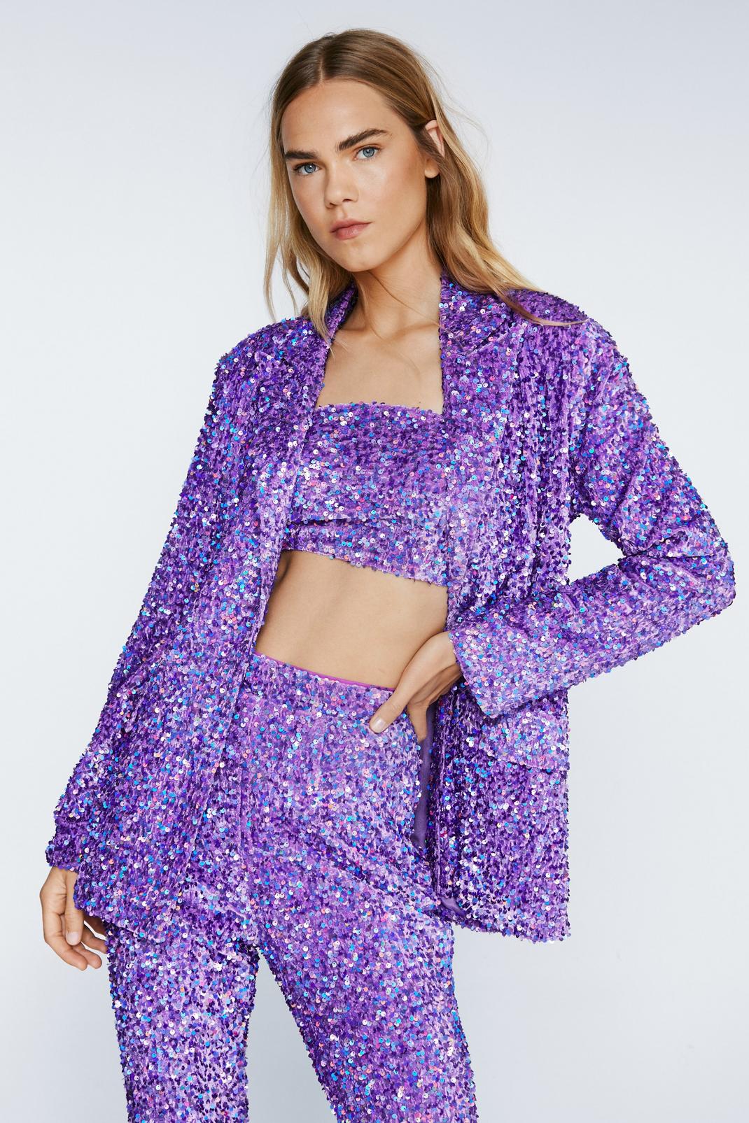 Purple Premium Waisted Velvet Sequin Blazer  image number 1