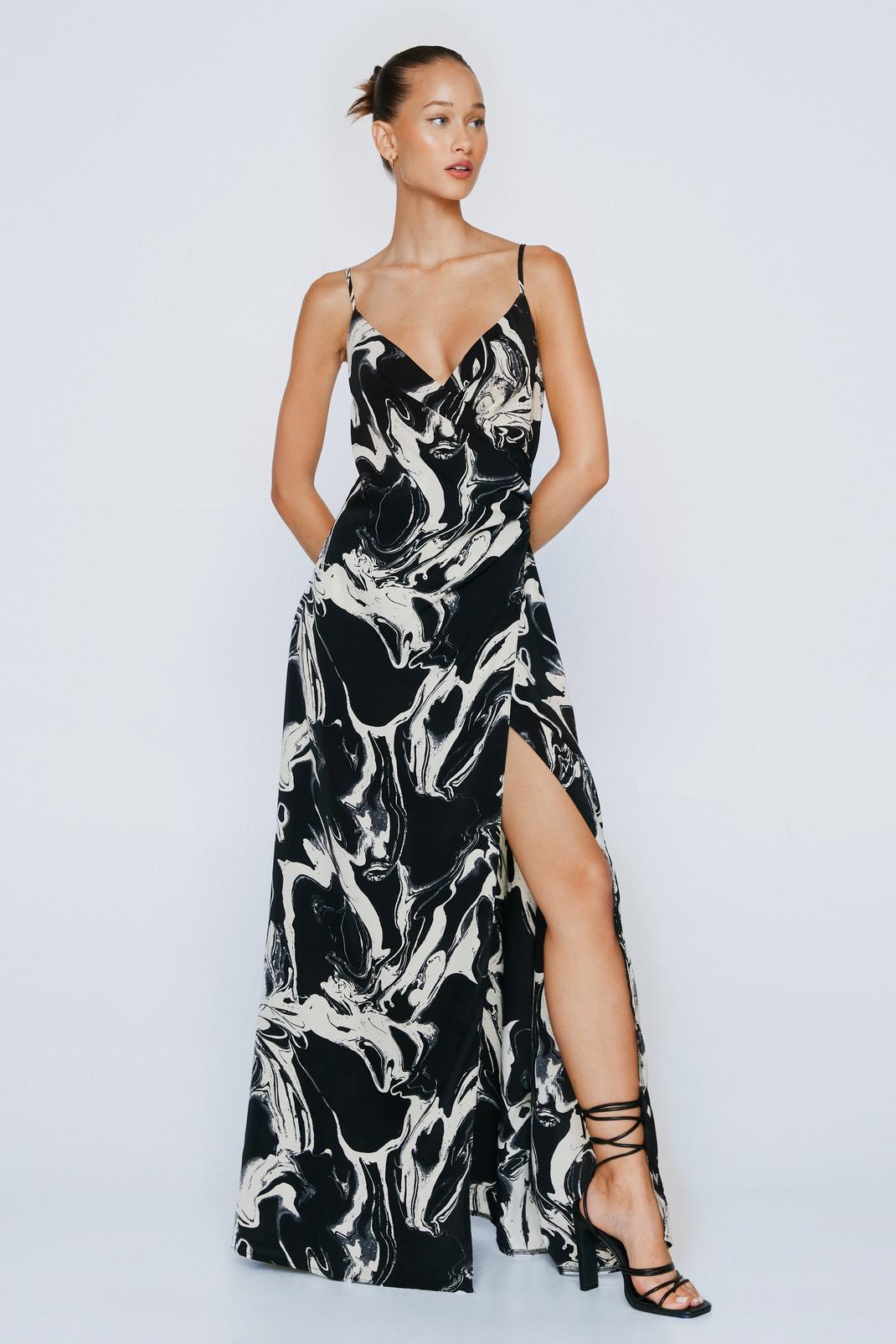 Black Marble Print Maxi Wrap Dress image number 1