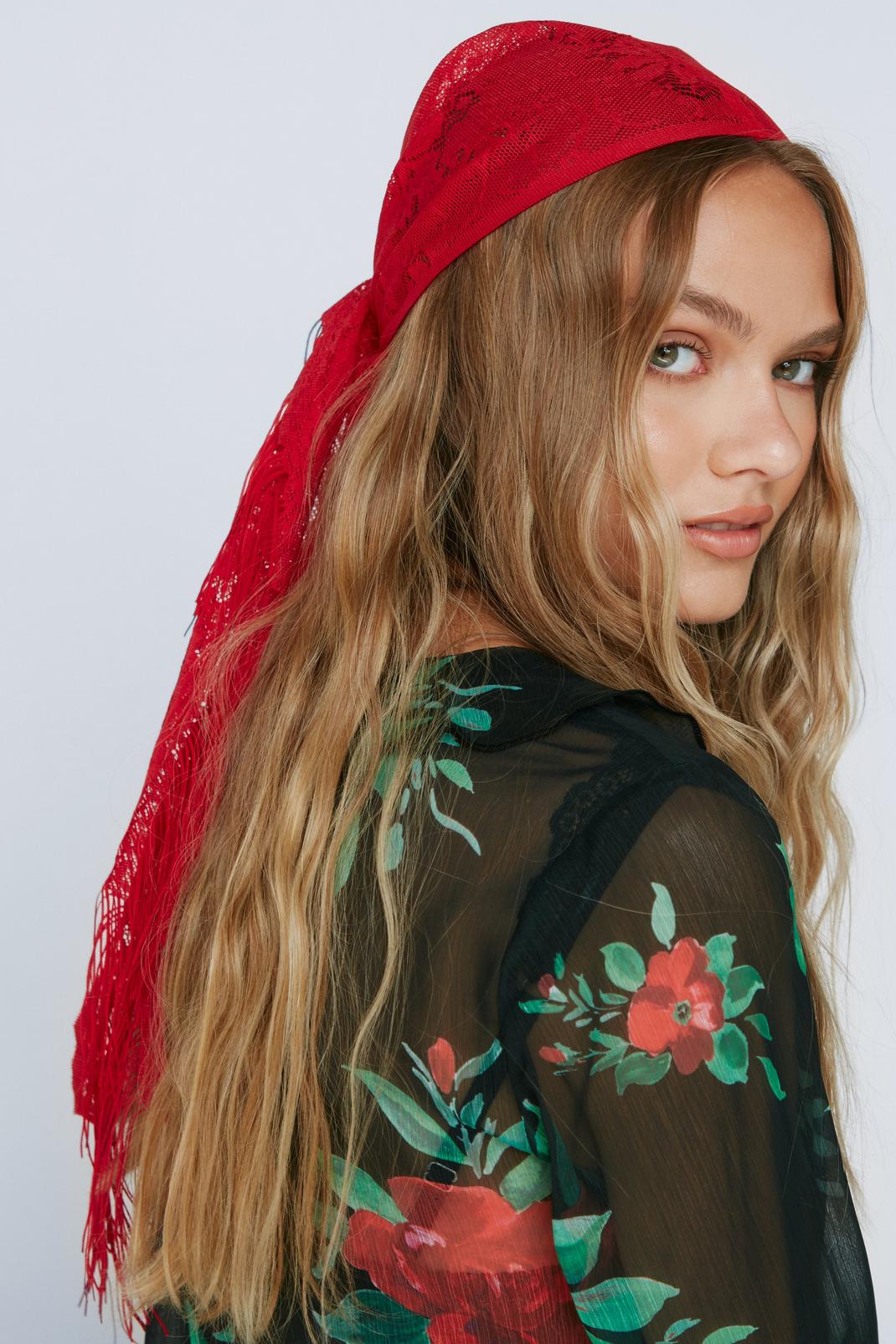 Red Lace Tassel Headscarf image number 1