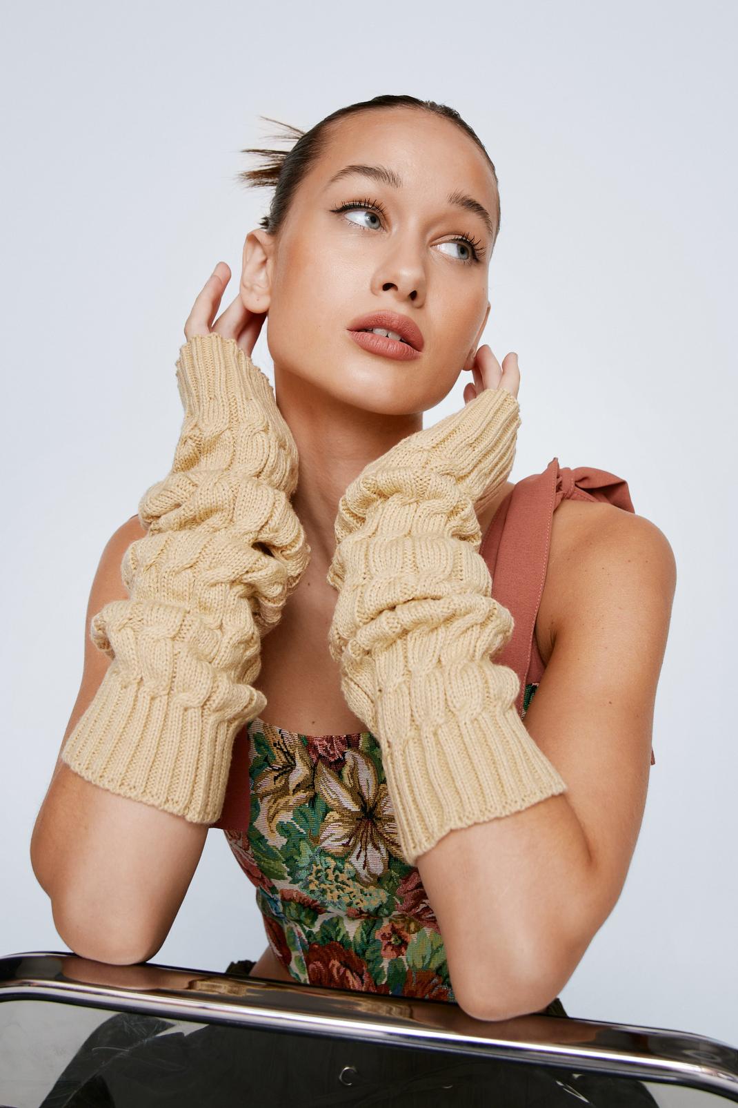 Beige Knitted Arm Warmers image number 1