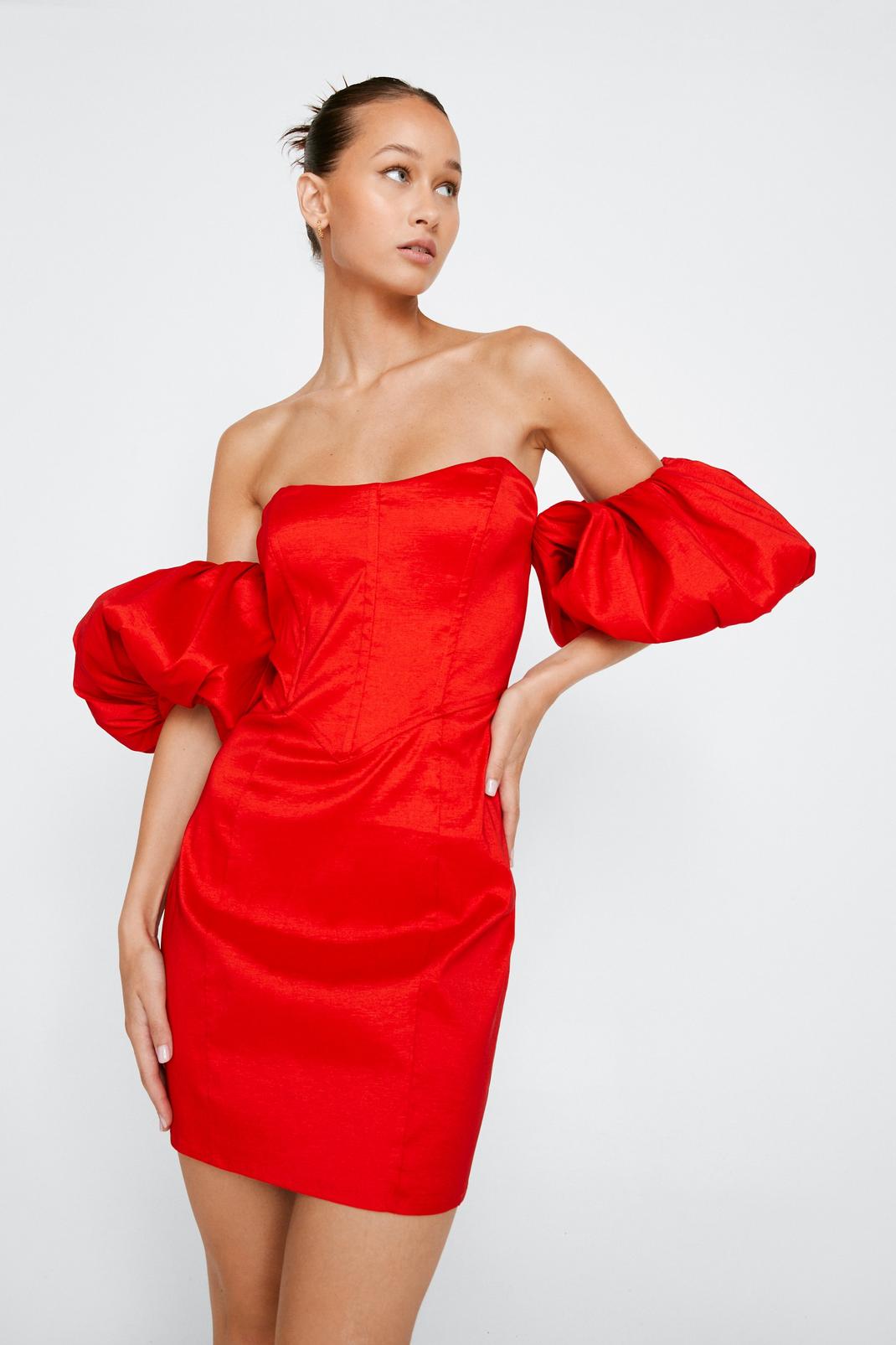 Robe corset bardot en taffetas à manches bouffantes, Red image number 1