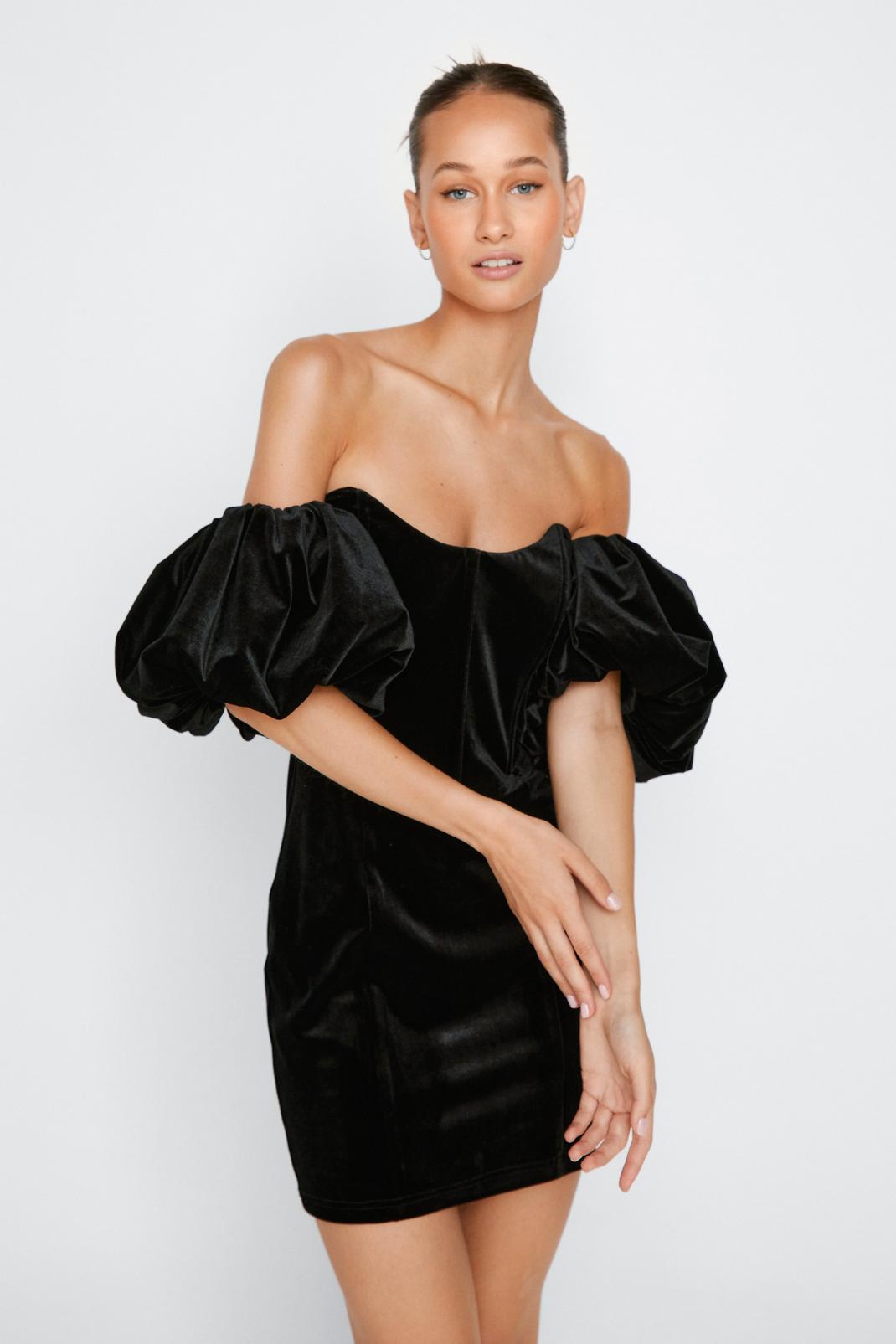 Black Velvet Bardot Corset Detail Dress  image number 1