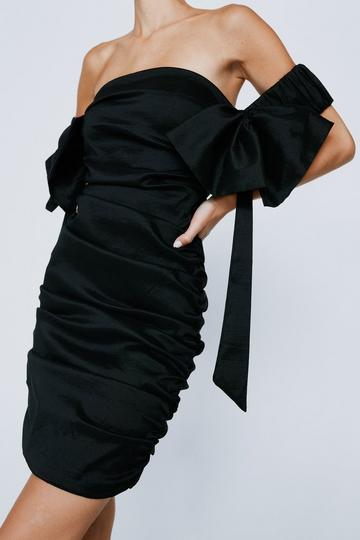 Bow Strap Ruched Side Taffeta Bardot Dress black