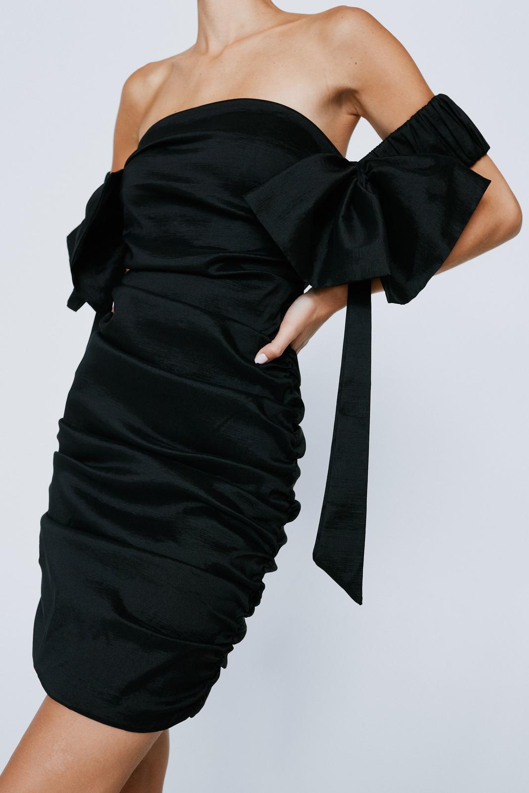 Black Bow Strap Ruched Side Taffeta Bardot Dress image number 1