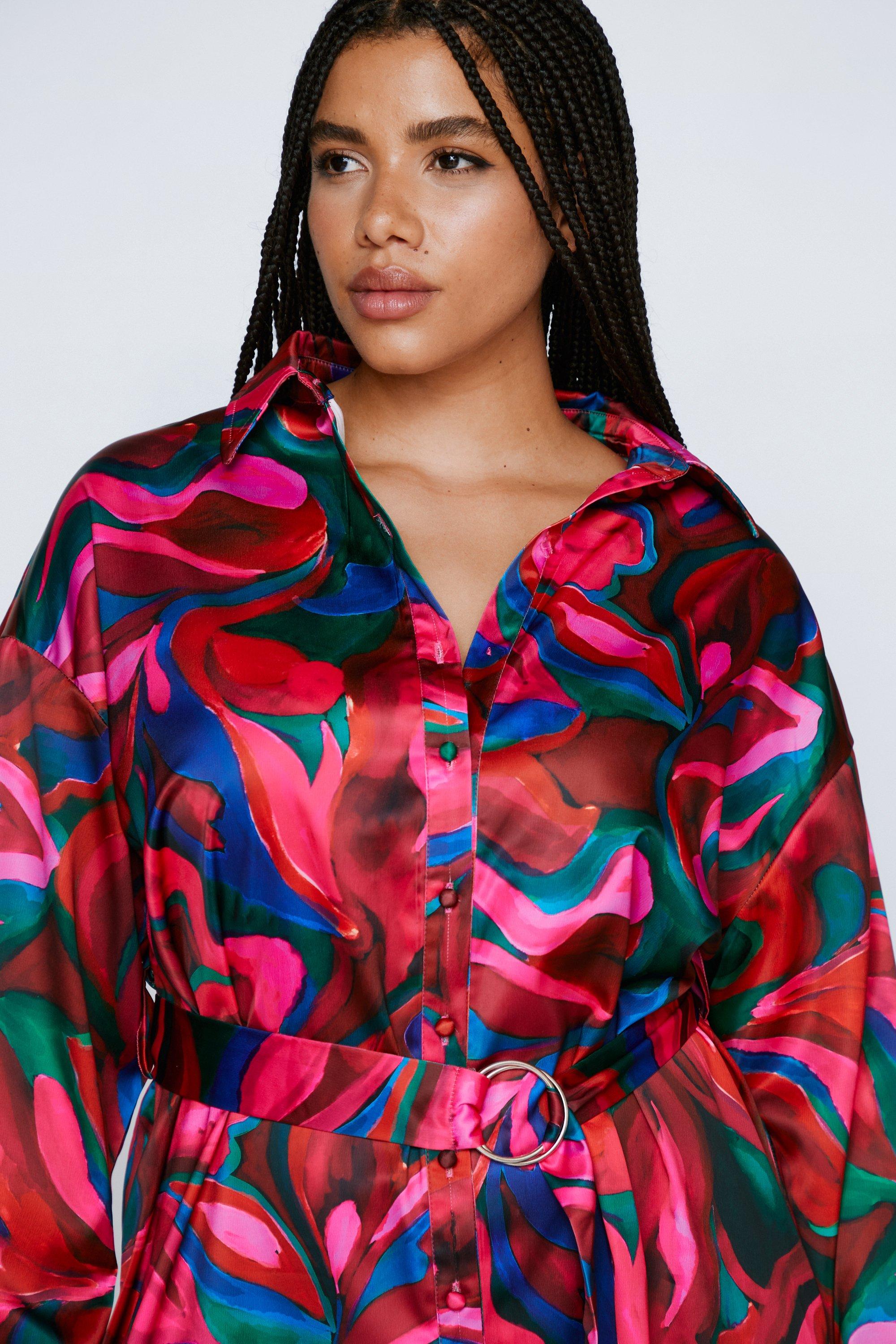 Plus Size Satin Abstract Print Shirt Dress