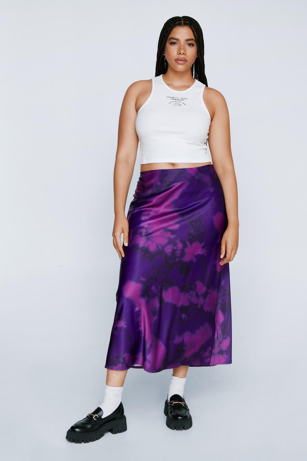 Purple Plus Size Tie Dye Bias Midi Skirt image number 1