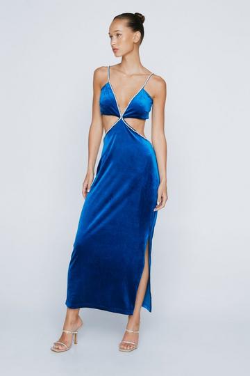 Velvet Diamante Trim Cut Out Midi Dress blue