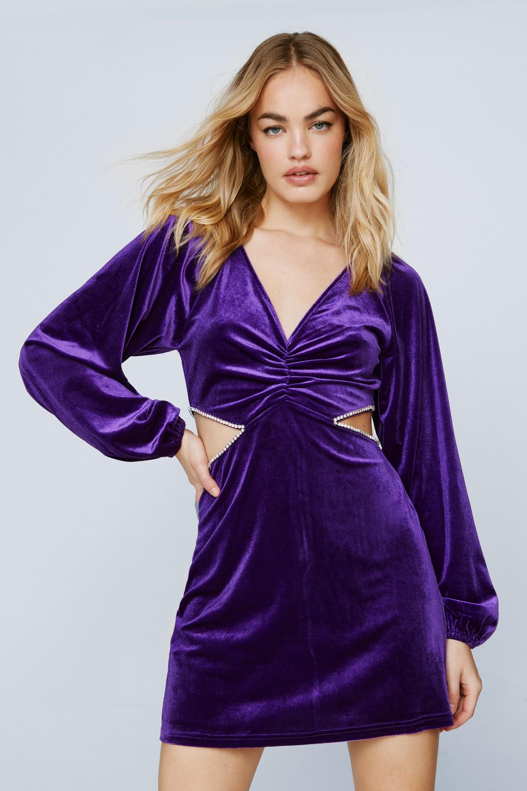 Purple Velvet Diamante Trim Mini Dress image number 1