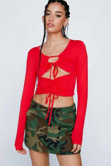Red Ruched Cut Out Tie Detail Long Sleeved Top