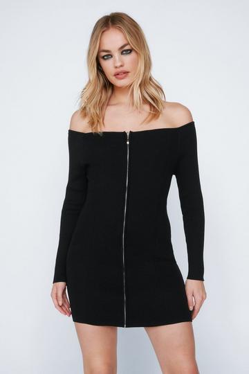 Black Zip Through Knitted Mini Dress