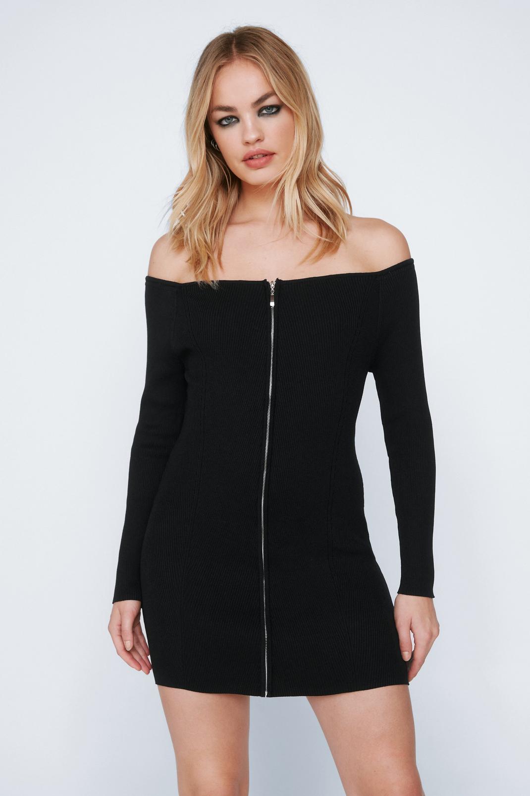Black Zip Through Knitted Mini Dress image number 1