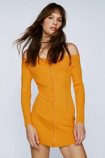 Orange Zip Through Knitted Mini Dress