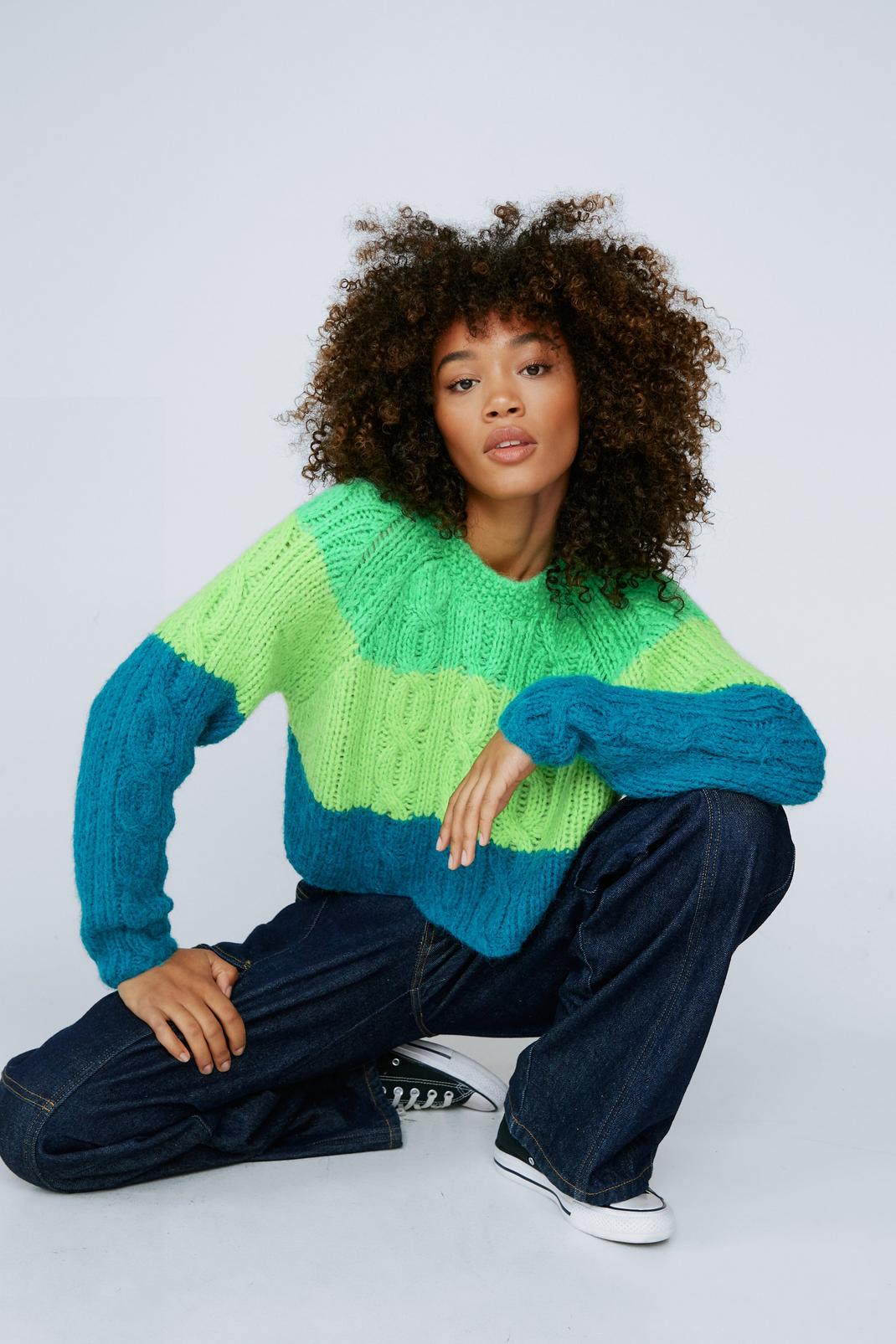 Multi Colorblock Stripe Cable Sweater image number 1