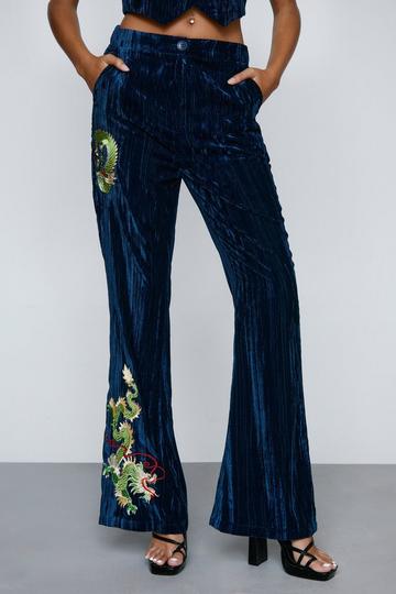 Blue Premium Embroidered Velvet Flare Pants