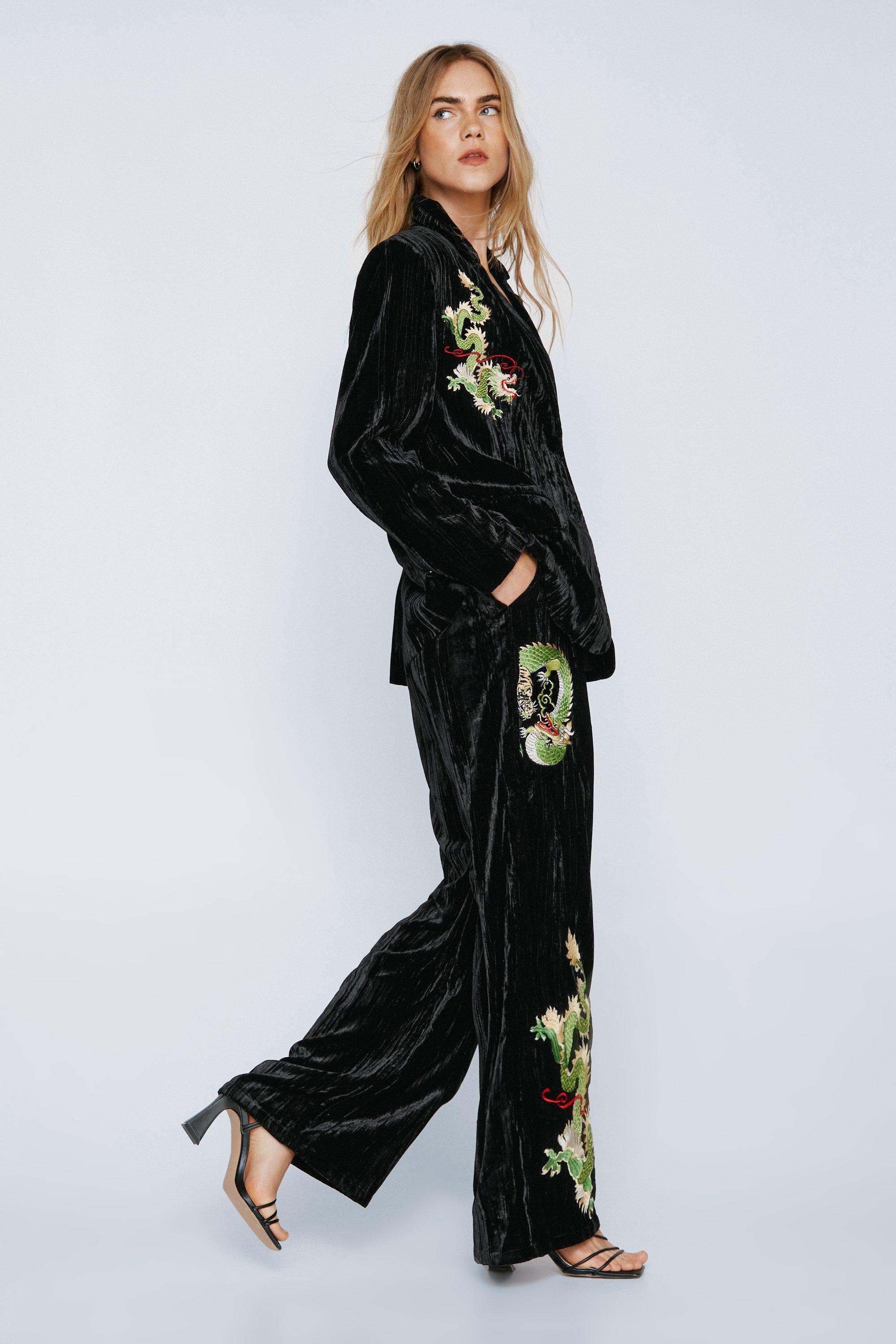 Premium Embroidered Velvet Wide Leg Pants