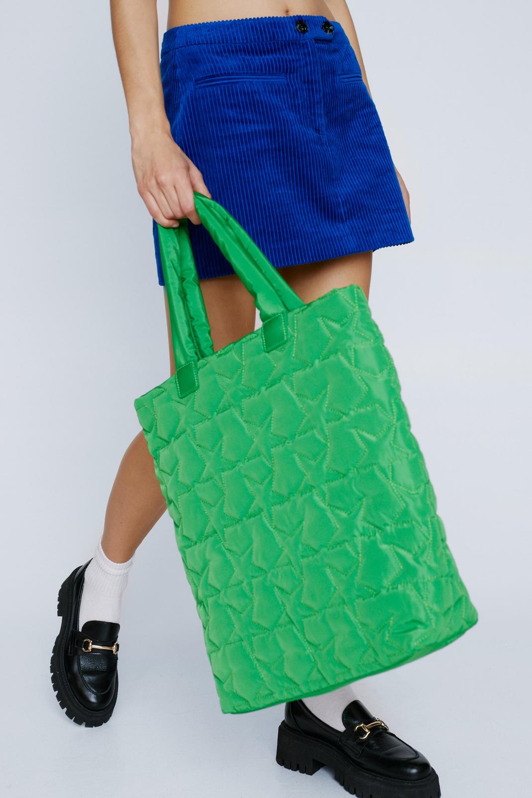 Green Quilted Nylon Padded Shoulder Tote Bag image number 1