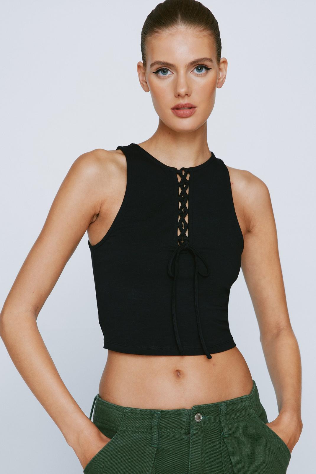 Lace Up Front Cropped Tank Top image number 1