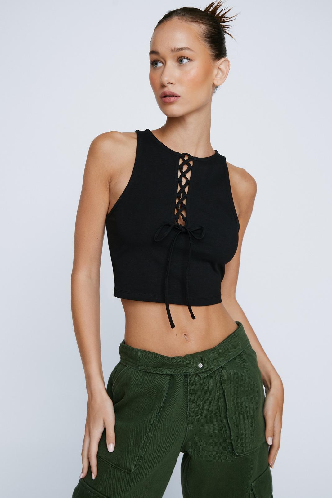 Black Petite Lace Up Front Cropped Tank Top image number 1
