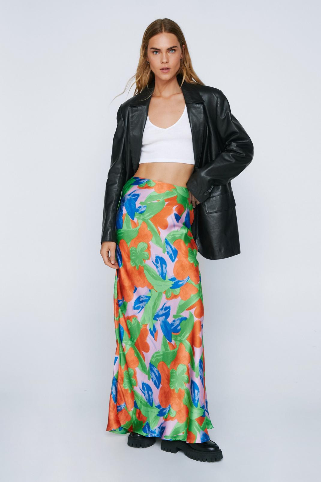 Green Bold Floral Print Satin Maxi Slip Skirt image number 1