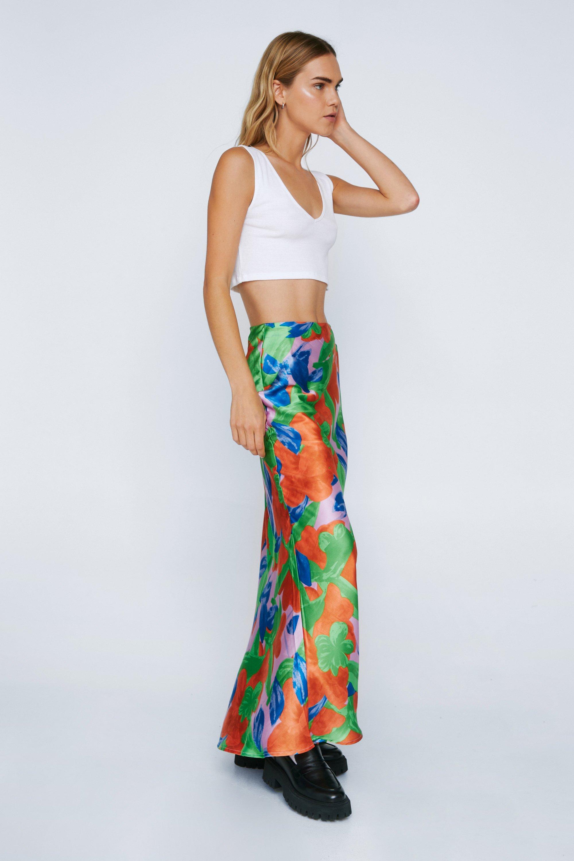 Bold Floral Print Satin Maxi Slip Skirt