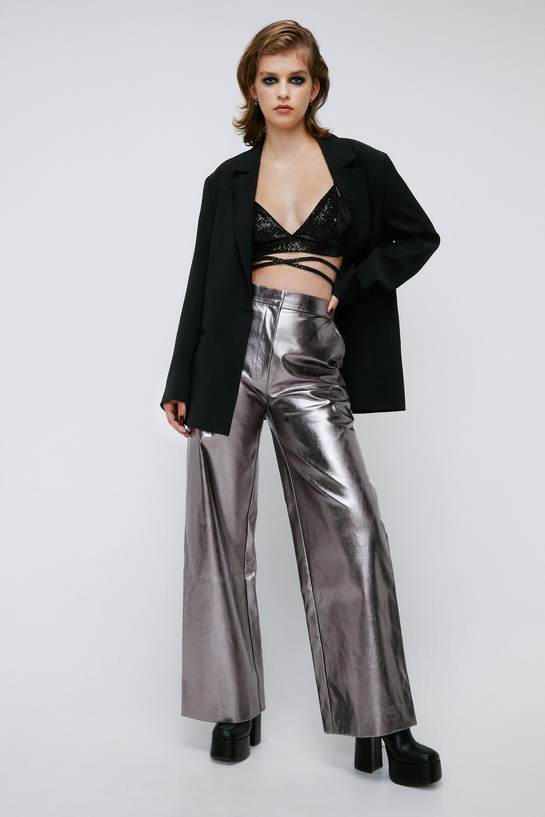 Silver Faux Leather Straight Leg Metallic Pants image number 1