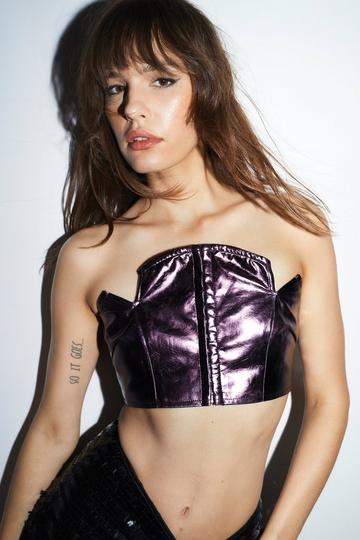 Purple Faux Leather Hook And Eye Bandeau Top