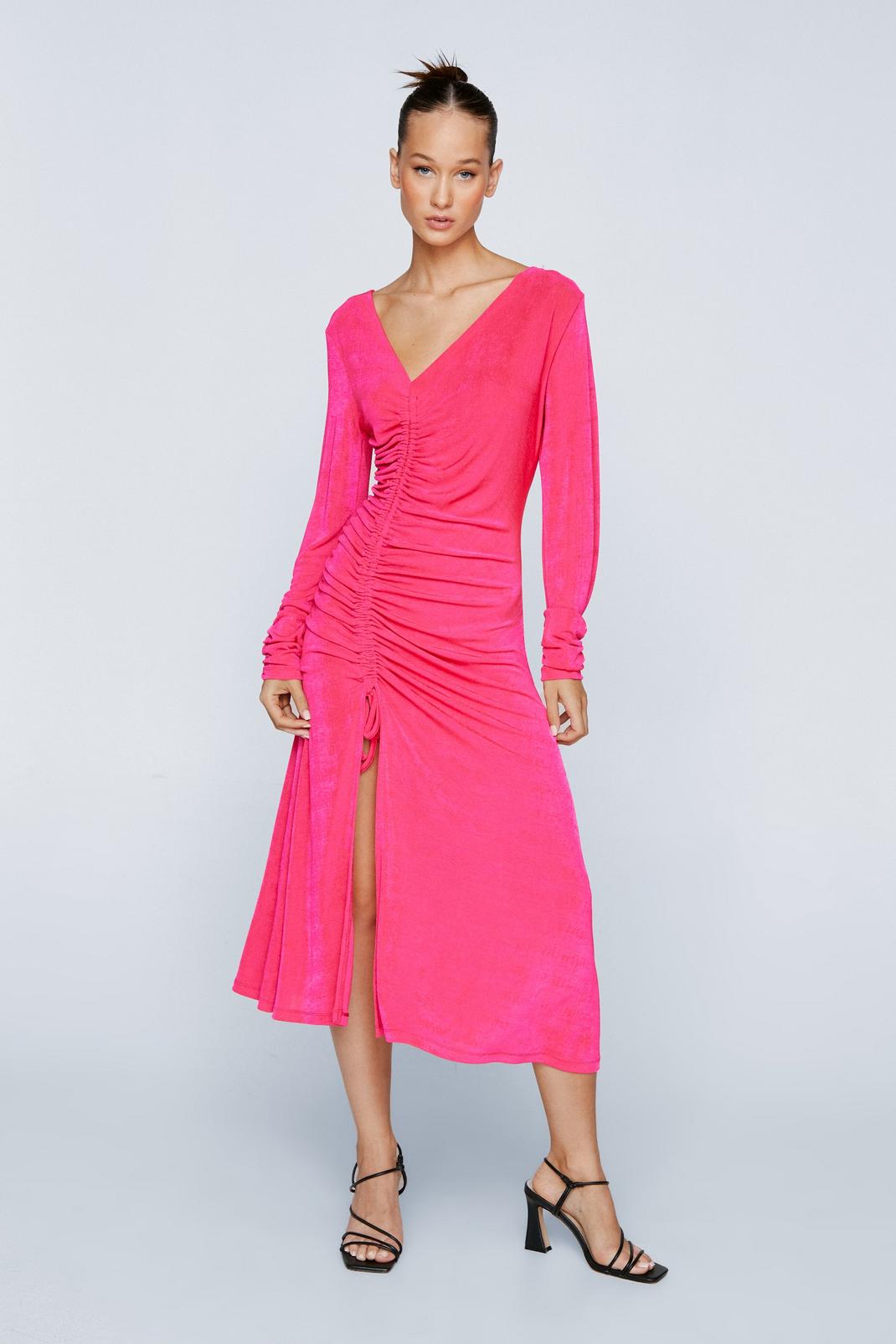 Pink Petite Ruched Front Long Sleeve Midi Dress image number 1
