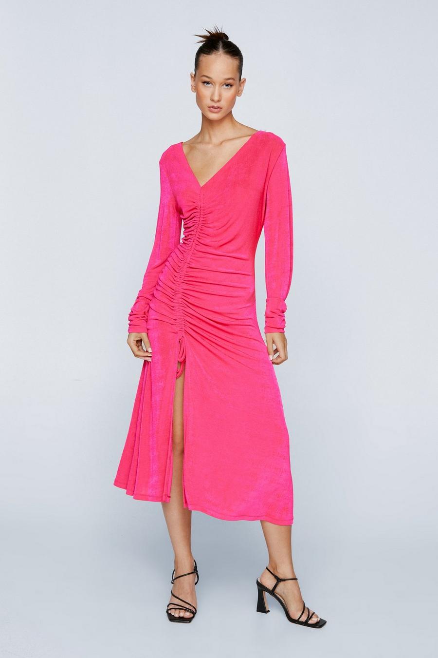 Petite Ruched Front Long Sleeve Midi Dress