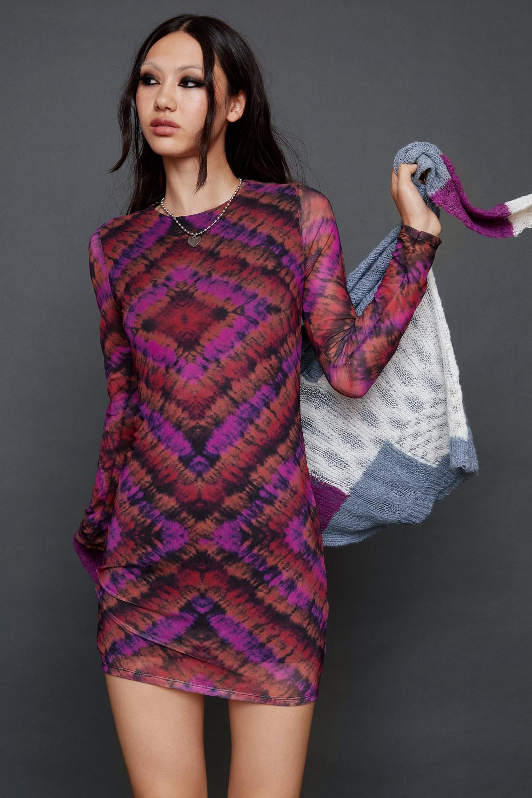 Mini robe en mesh imprimé à manches longues, Multi image number 1