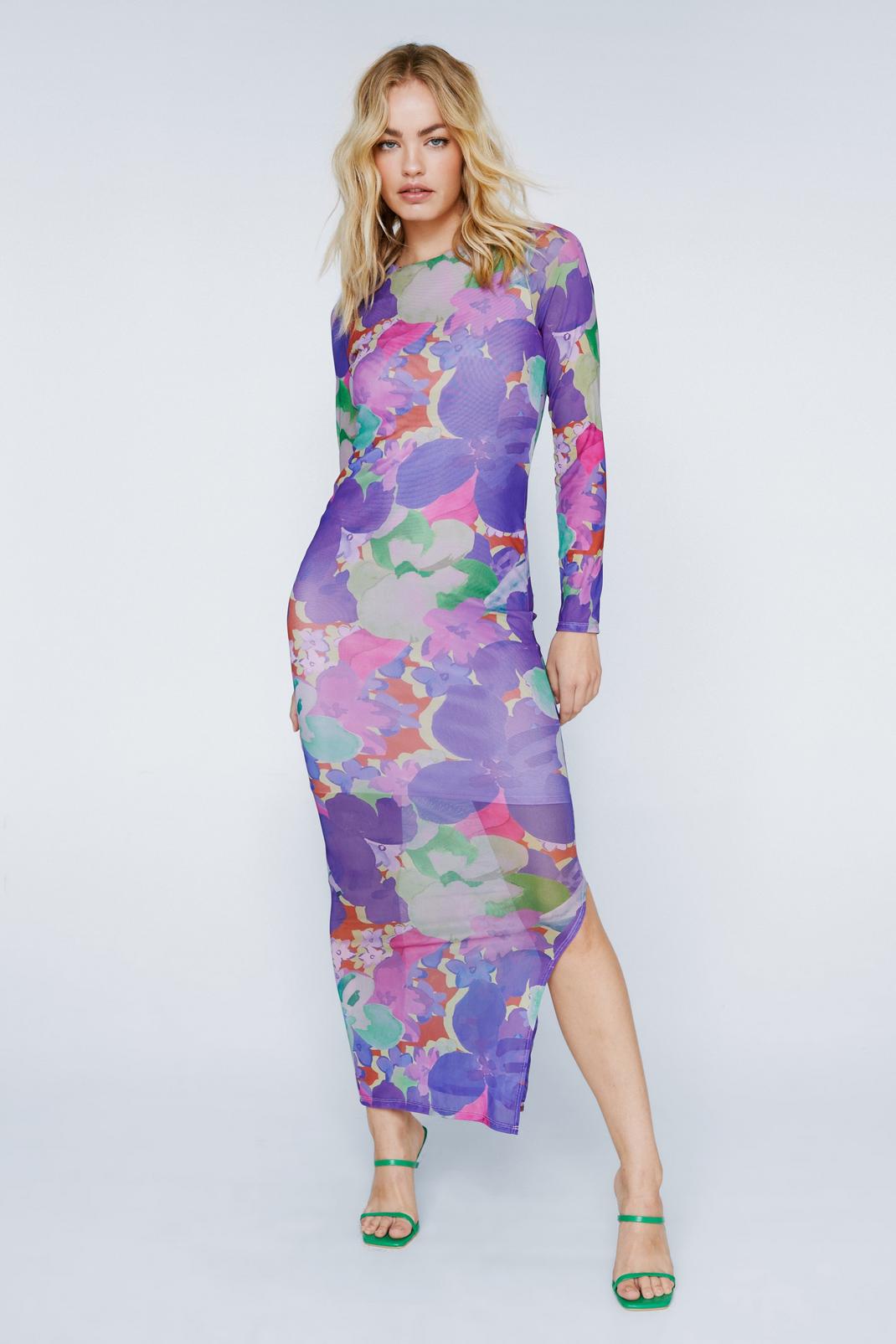 Multi Long Sleeve Mesh Patterned Maxi Dress image number 1