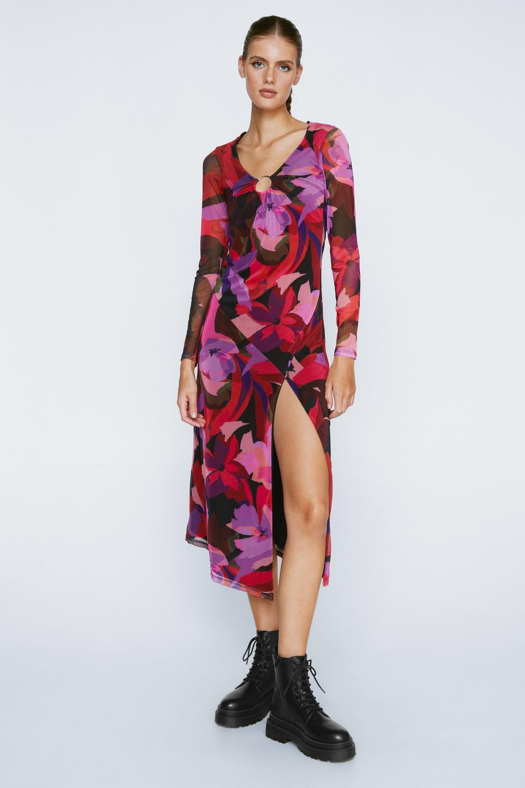Multi Floral Print Long Sleeve Mesh Midi Dress image number 1