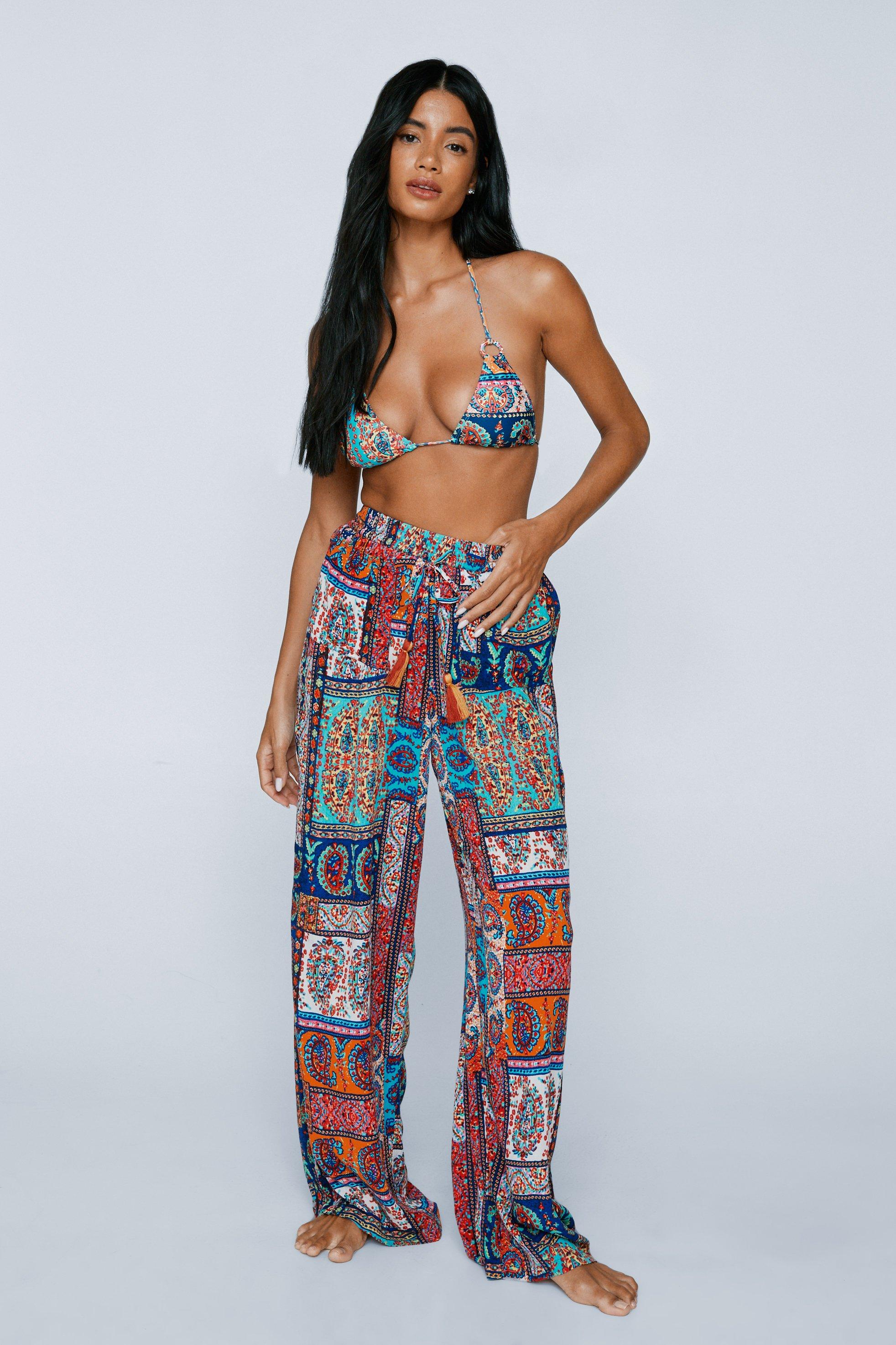 Rayon Crepe Paisley Tassel Wide Leg Pants