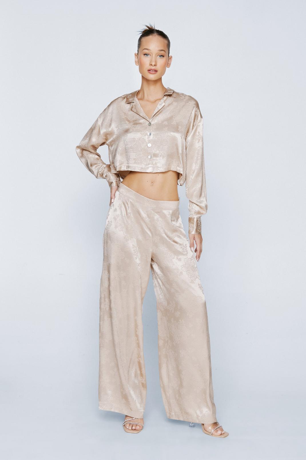 Champagne Petite Satin Relaxed Wide Leg Trousers image number 1