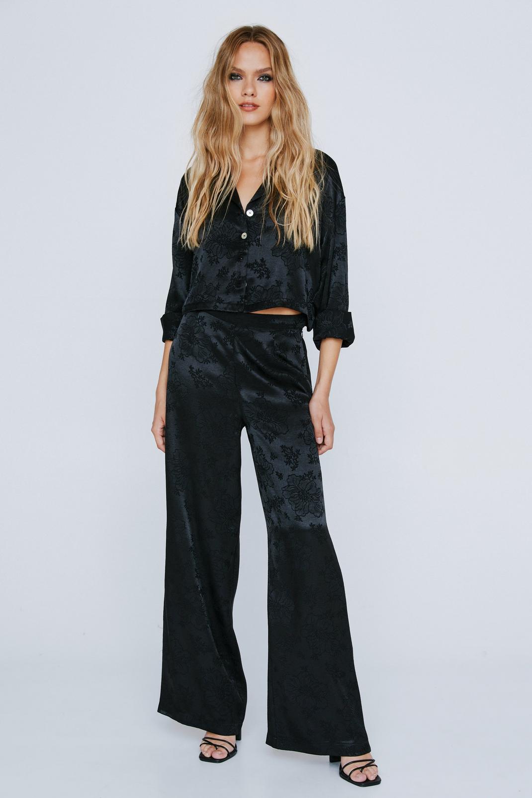 Black Satin Jacquard Relaxed Wide Leg Pants image number 1