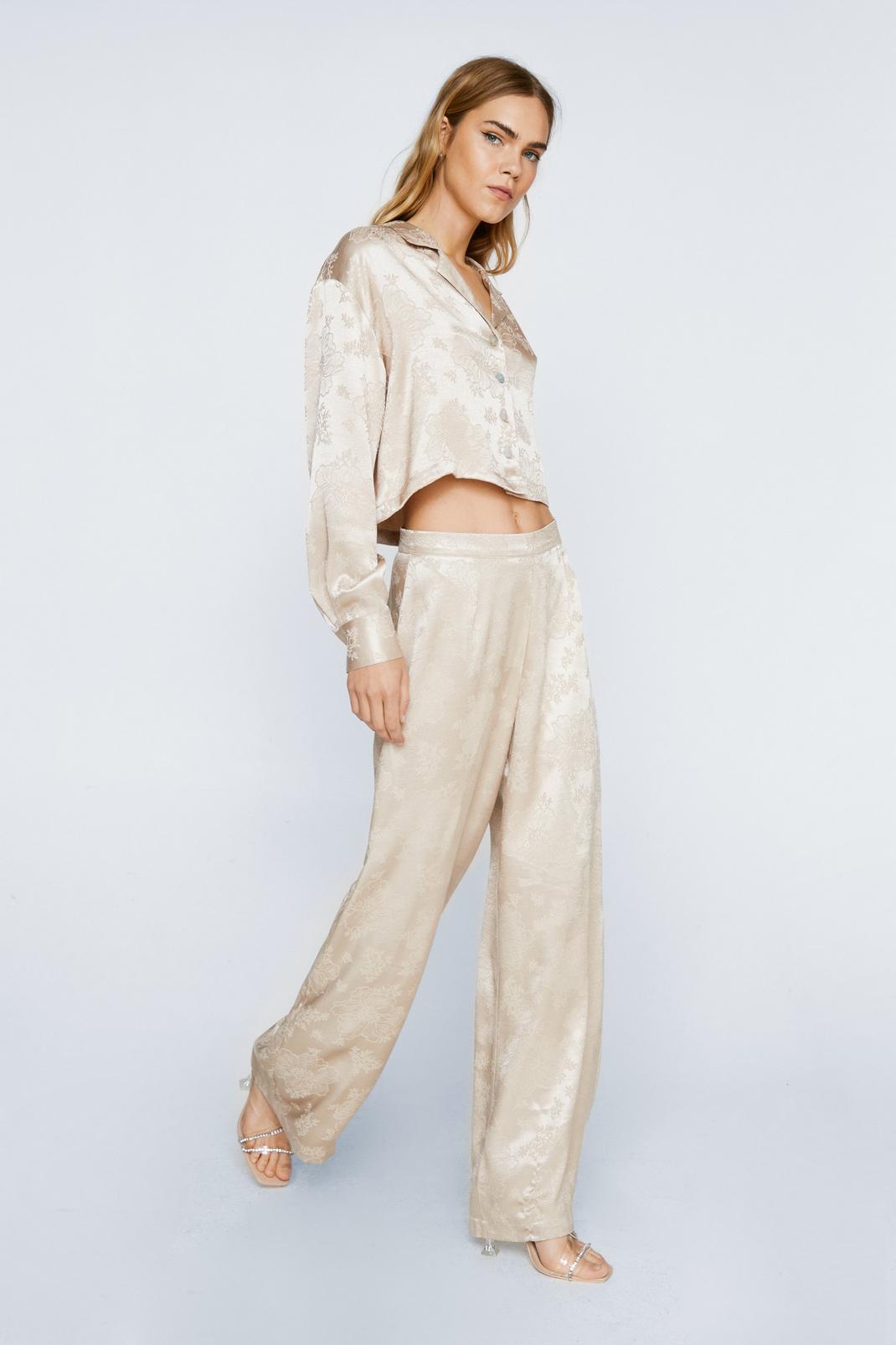 Champagne Satin Jacquard Wide Leg Trousers image number 1