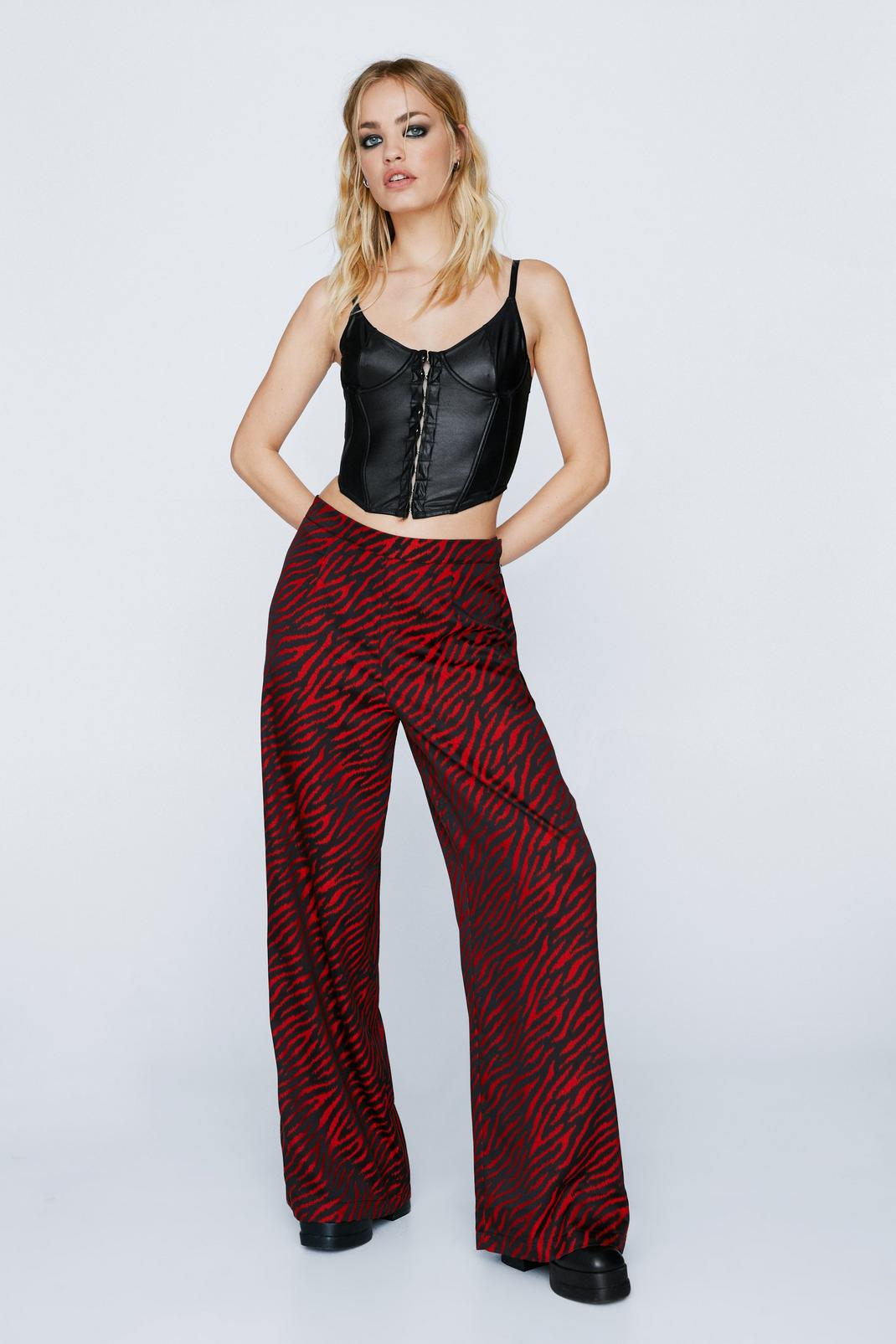 Red Jacquard Zebra Print Wide Leg Trousers image number 1