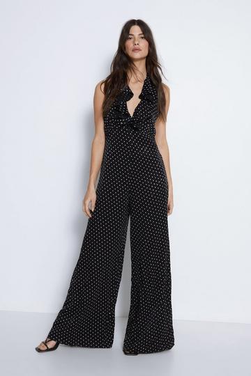 Polka Satin Jacquard Ruffle Jumpsuit black