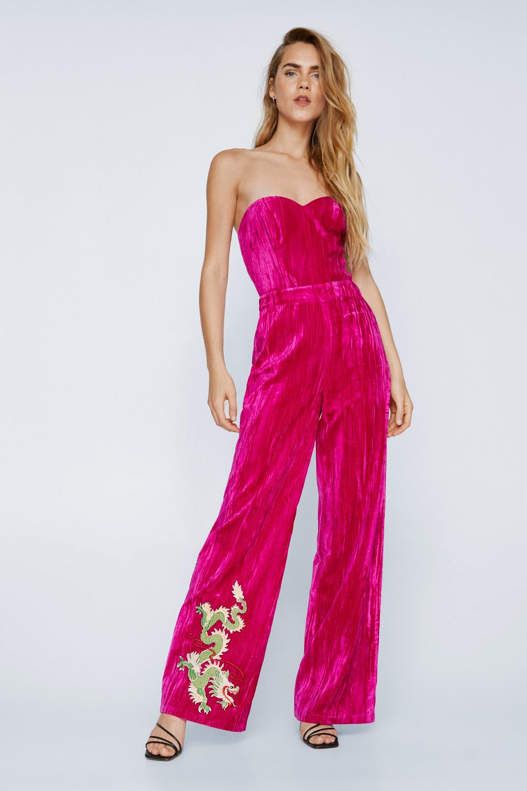 Hot pink Premium Embroidered Velvet Bandeau Jumpsuit image number 1