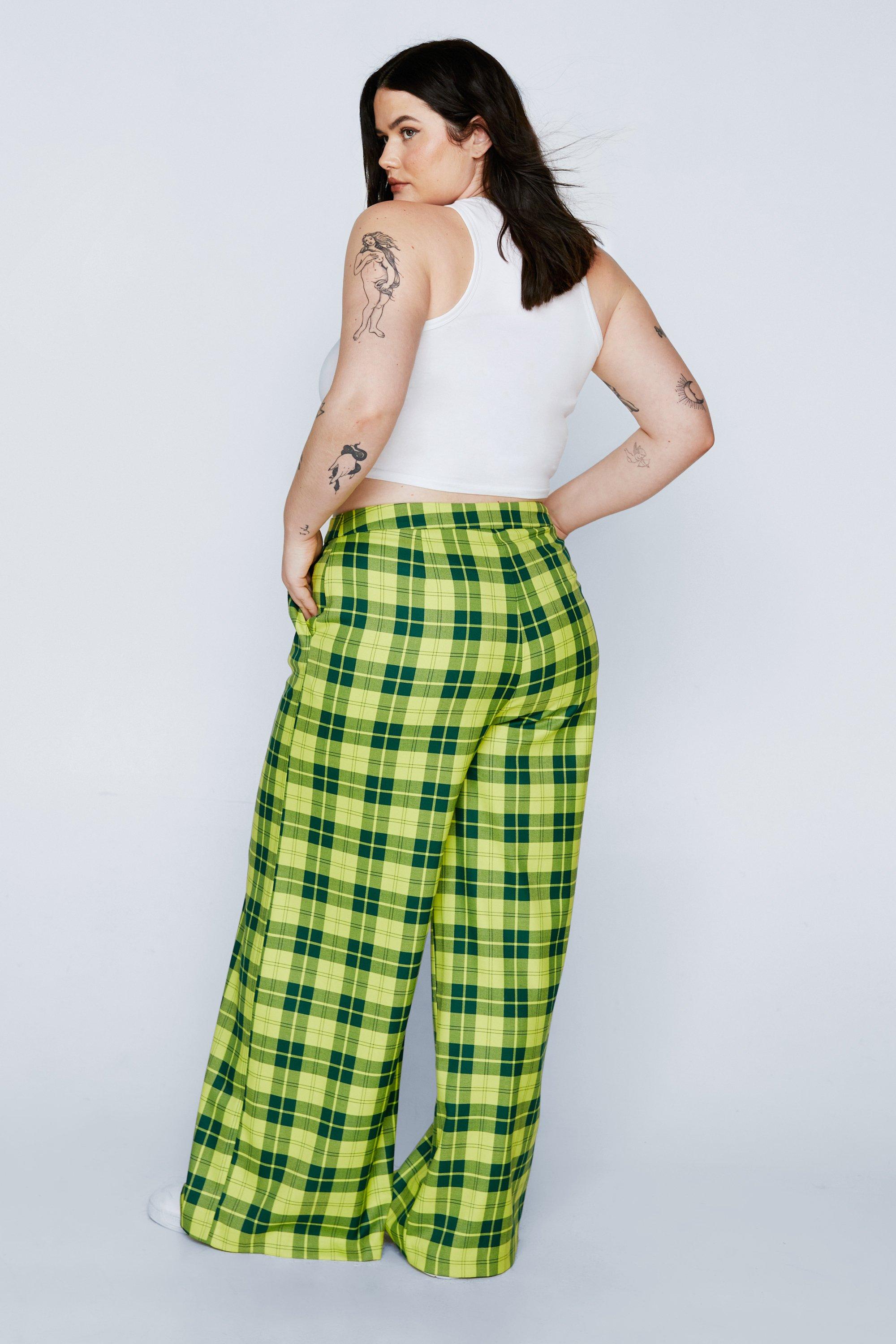 Women's High Waist Elastic Fashion Designer Plaid Pants (Plus Size