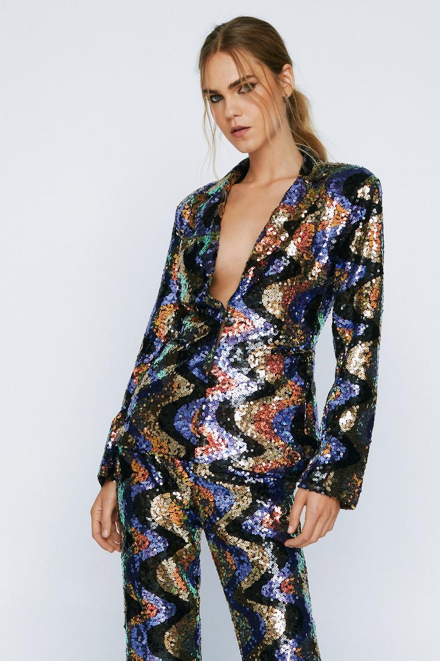 Wave Sequin Single Breasted Cinched Blazer