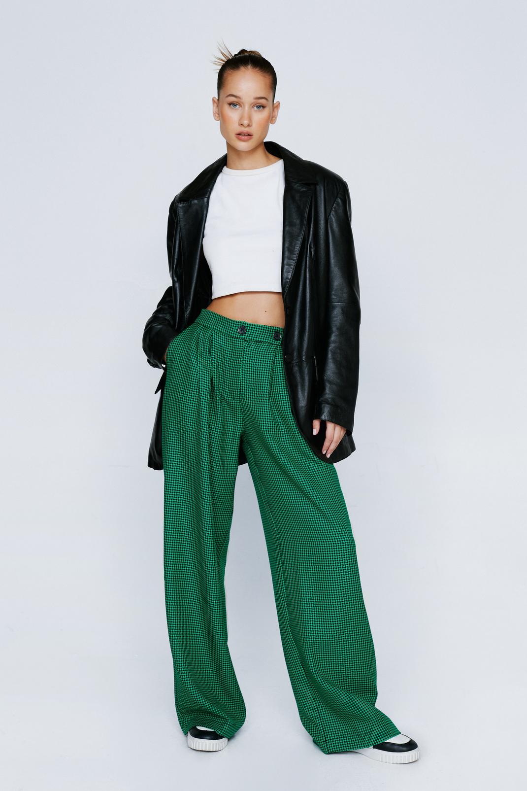 Green Petite Houndstooth Super Wide Leg Tailored Pants image number 1
